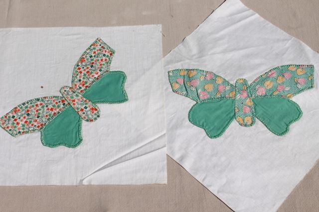 vintage butterfly applique quilt blocks, hand stitched embroidery w/ pretty cotton prints