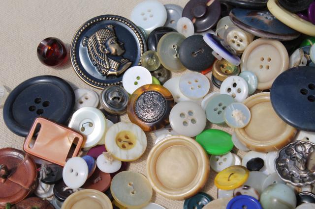 vintage button collection, old rose print tin full of buttons of all kinds