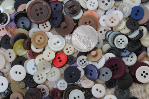 vintage buttons collection, old glass barrel jar full of buttons of all kinds