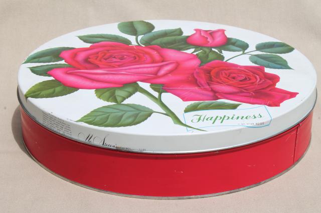 vintage cake or cookie tin w/ pink sweetheart roses & Happiness motto