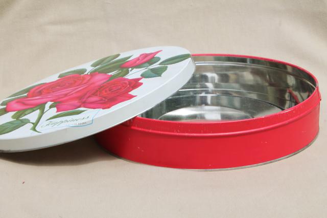 vintage cake or cookie tin w/ pink sweetheart roses & Happiness motto