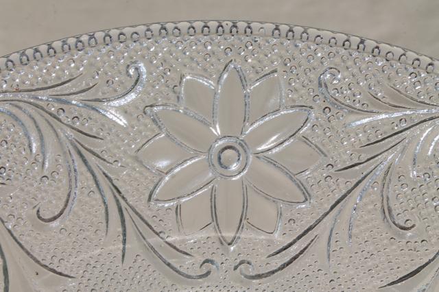 vintage cake plate / serving tray with center handle, sandwich pattern clear pressed glass