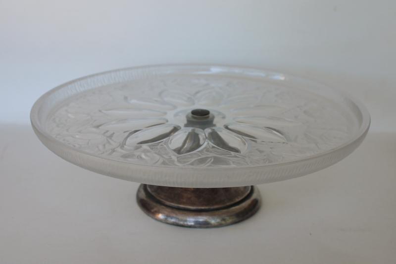 vintage cake plate w/ silver stand, crystal frosted glass puffy roses pattern