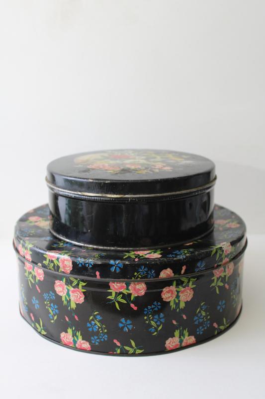 vintage cake tins, Victorian style floral prints on black, shabby cottage decor