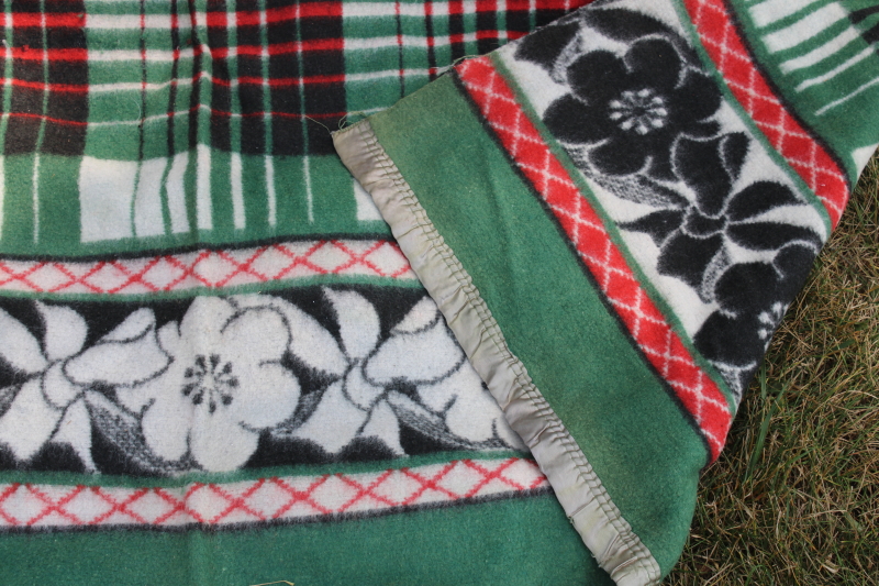 vintage camp blanket red green plaid w/ black, soft plush cotton rayon bed blanket rustic Christmas