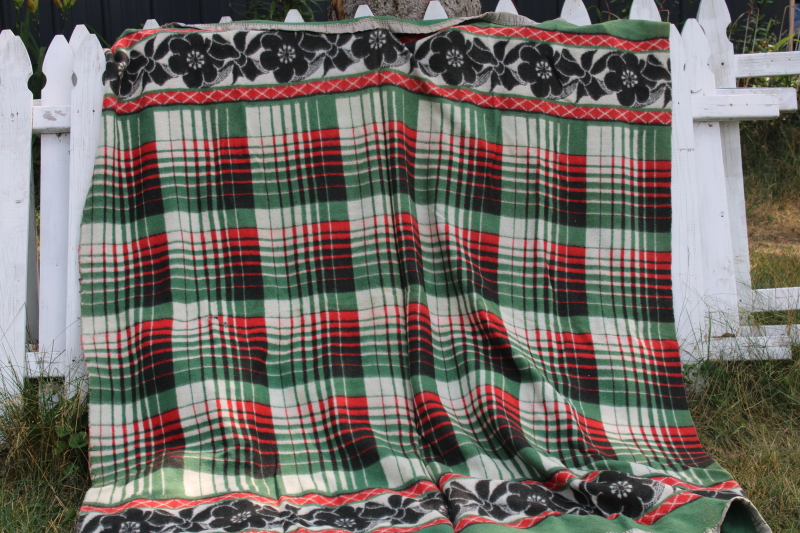 vintage camp blanket red green plaid w/ black, soft plush cotton rayon bed blanket rustic Christmas