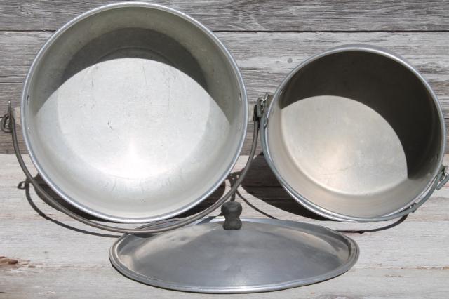 vintage camp cookware, aluminum camping pots w/ wire handles, cooking kettles w/ dipper