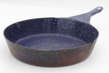 vintage camp cookware blue speckled graniteware enamel ware cast iron skillet frying pan