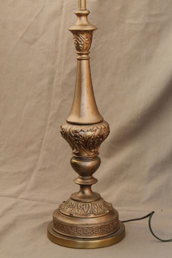 vintage candlestick lamp w/ glass torchiere shade, ornate gold cast metal spelter lamp