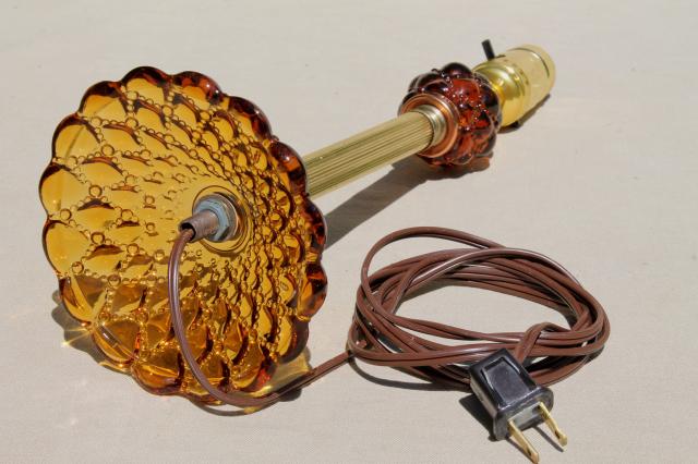 vintage candlestick lamp w/ quilted diamond amber glass lamp base
