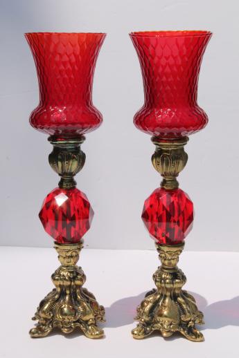 vintage candlesticks w/ Italian glass shades, ornate gold candle holders w/ ruby red lucite gems