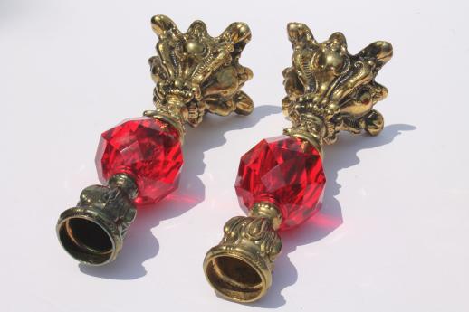 vintage candlesticks w/ Italian glass shades, ornate gold candle holders w/ ruby red lucite gems