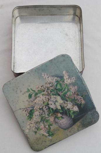 vintage candy box tin with lilacs floral, lovely shabby antique cookie tin