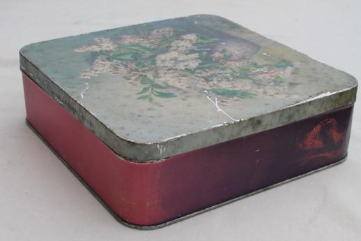 vintage candy box tin with lilacs floral, lovely shabby antique cookie tin