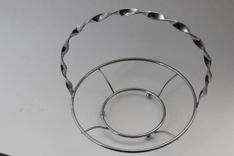 vintage candy or nut dish, silvery mirror glass serving plate w/ chrome basket 