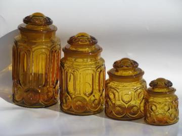 vintage canister jars set, moon and stars pattern amber glass canisters