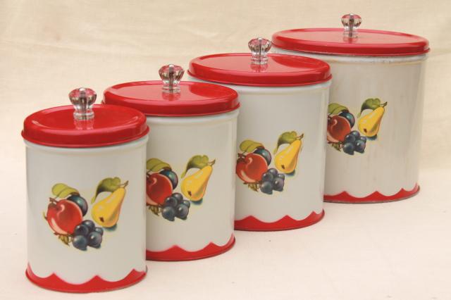 vintage canister set tins w/ 1950s retro fruit print, kitchen counter canisters