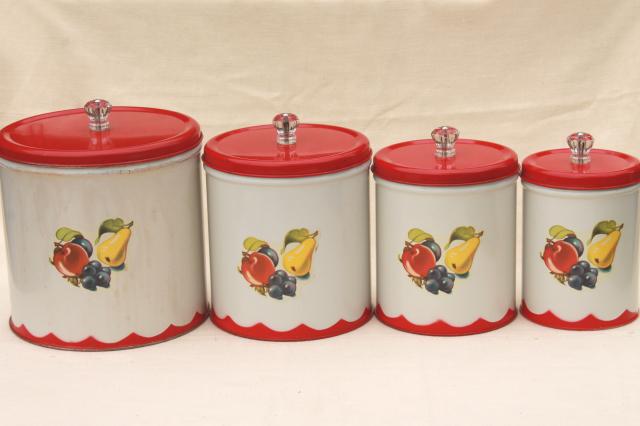 vintage canister set tins w/ 1950s retro fruit print, kitchen counter canisters
