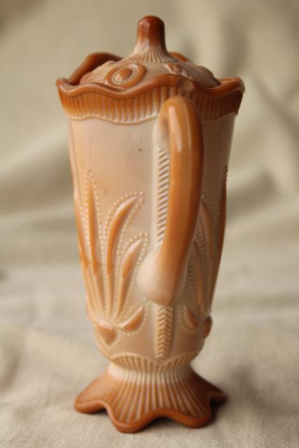 vintage caramel brown slag glass pitcher w/ lid, Fenton cactus pattern reproduction
