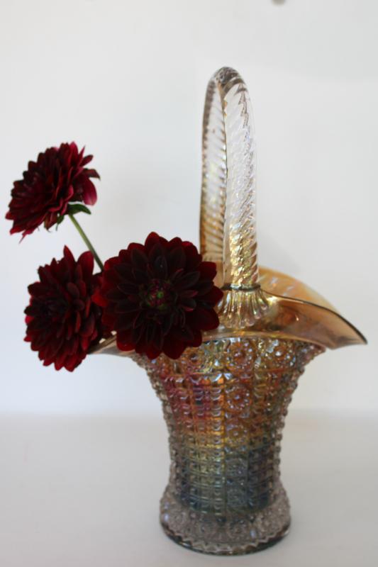 vintage carnival glass basket, Imperial hobstar and waffle block w/ iridescent shaded color