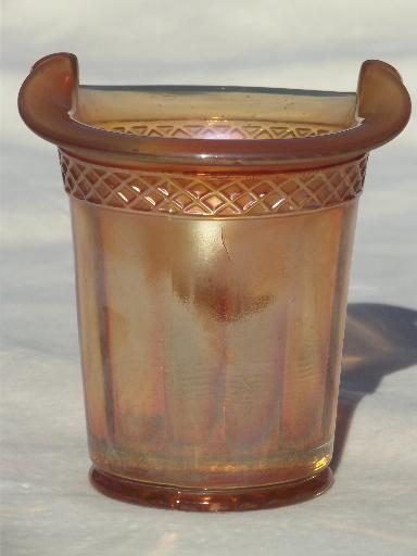 vintage carnival glass vase, depression glass top hat w/ marigold luster 