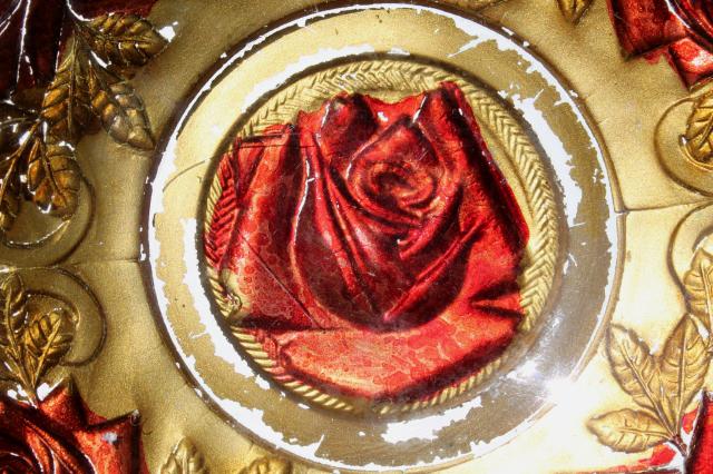vintage carnival goofus glass bowls, shabby red roses & metallic gold
