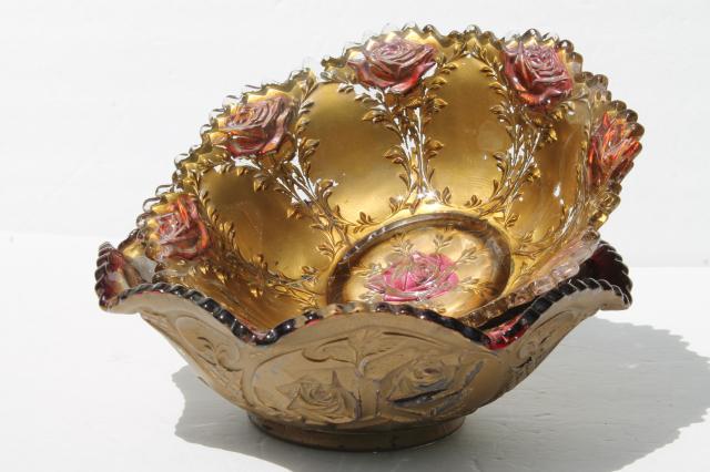 vintage carnival goofus glass bowls, shabby red roses & metallic gold