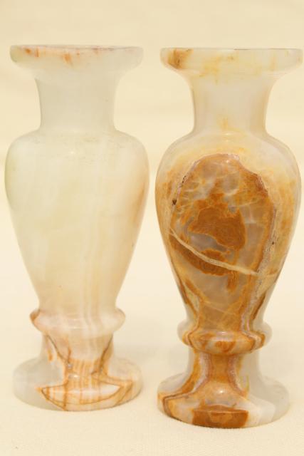 vintage carved stone candlesticks & vases, pale alabaster marble colored onyx