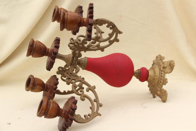 vintage carved wood & ornate brass candelabra, gypsy bohemian retro candle holder