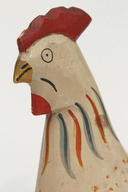 vintage carved wood rooster chicken, hand painted primitive naive folk art, southwest styl