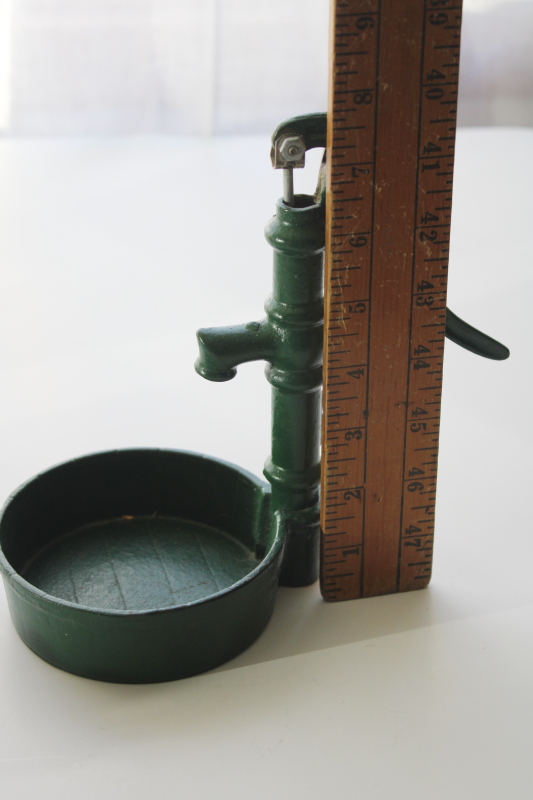 vintage cast iron decorative miniature hand pump w/ barrel planter pot, old green paint