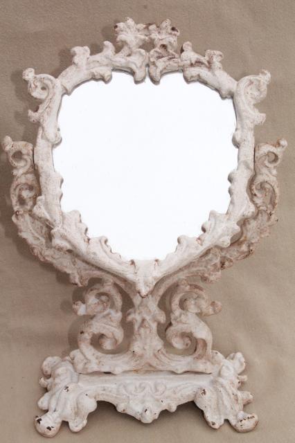 vintage cast iron frame mirror on stand, heart shape vanity mirror w/ shabby chippy paint