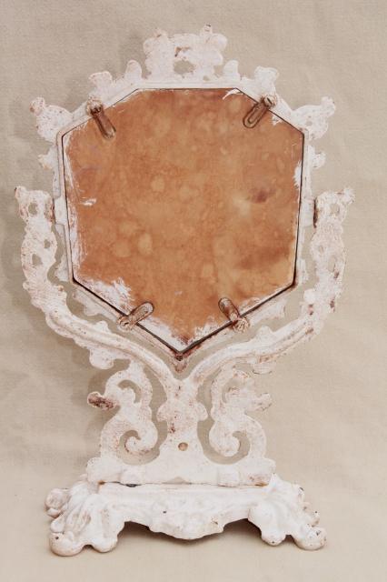 vintage cast iron frame mirror on stand, heart shape vanity mirror w/ shabby chippy paint