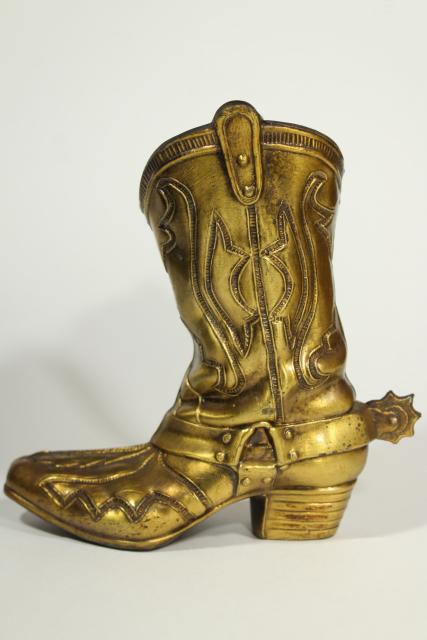 vintage cast metal cowboy boot vase rustic distressed gold finish, western southwest decor