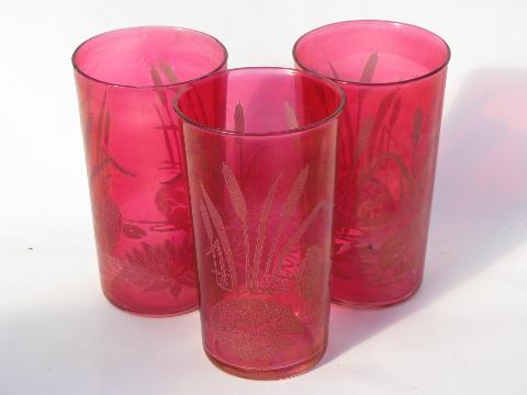 vintage cat tail and water lilies pattern glasses, ruby stain color