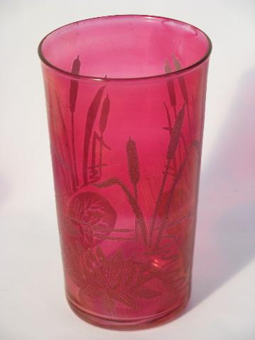 vintage cat tail and water lilies pattern glasses, ruby stain color