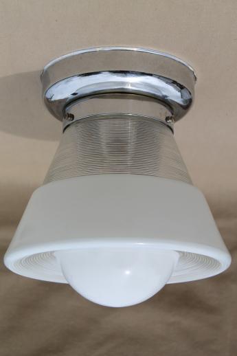 vintage ceiling light fixture w/ glass bullseye reflector shade, industrial flush mount fixture