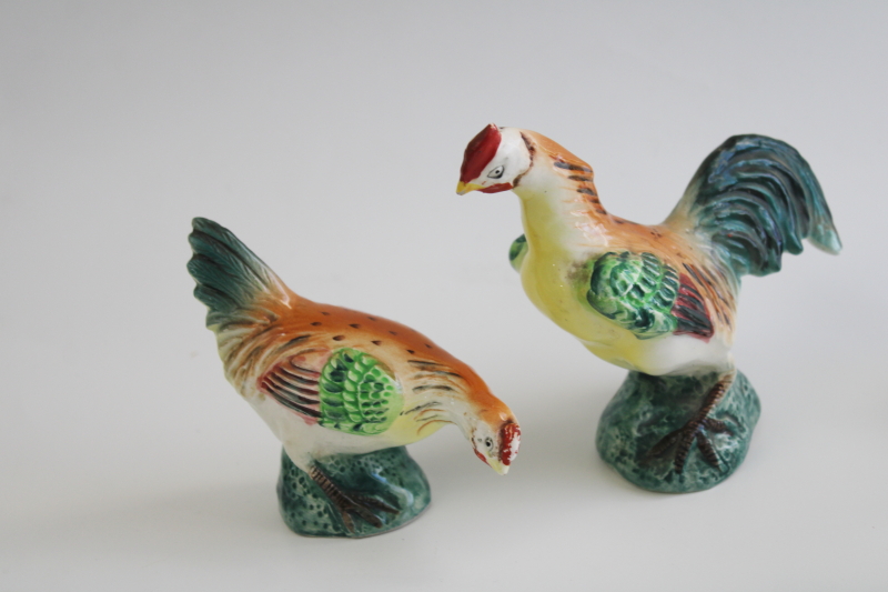 vintage ceramic chickens, lot of roosters  hens S&P shakers, figurines hand painted Japan