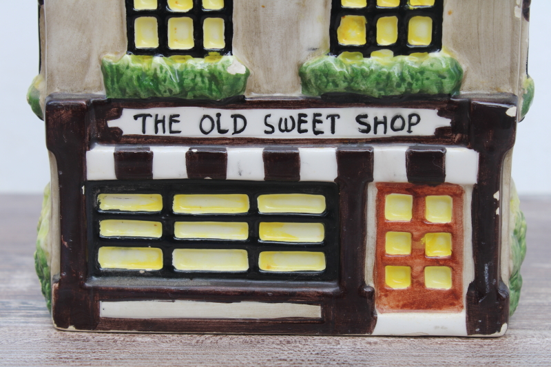 vintage ceramic cookie jar, English cottage The Old Sweet Shop bakery