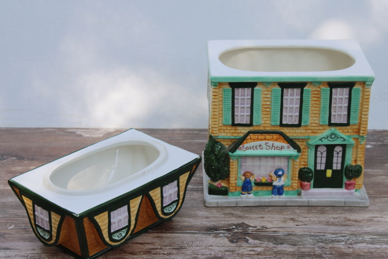 vintage ceramic cookie jar, Victorian house mansard roof Sweet Shop bakery