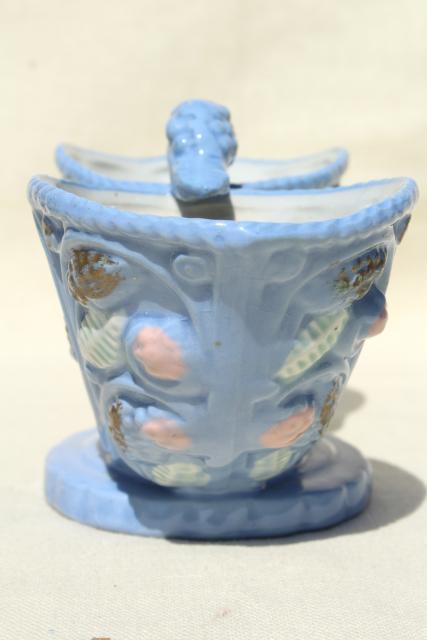 vintage ceramic double pocket tulip vase, Miyata Ware Japan sky tone blue