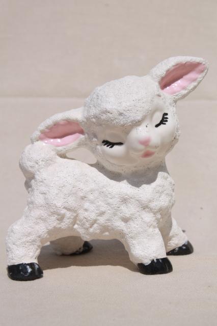 vintage ceramic lamb figurines w/ cute overload hand painted faces, wooly snow baby texture