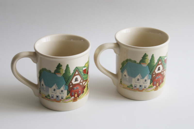 vintage ceramic mugs w/ thatched tudor cottages fairy tale style village scene