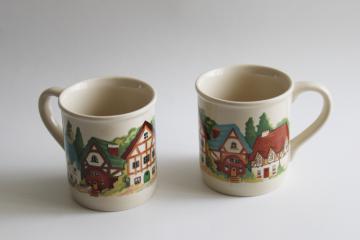vintage ceramic mugs w/ thatched tudor cottages fairy tale style village scene