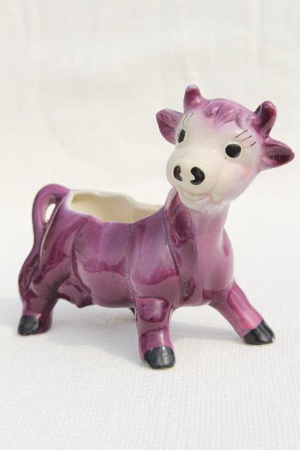 vintage ceramic planter flower pot, 50s studio pottery cute purple cow figurine