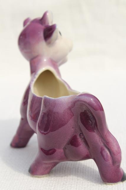 vintage ceramic planter flower pot, 50s studio pottery cute purple cow figurine