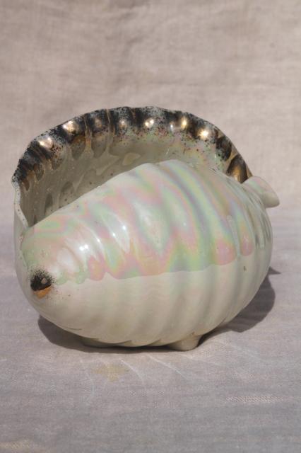 vintage ceramic seashell planter pot, pearl luster conch shell, mermaid beach house chic
