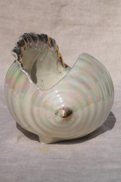 vintage ceramic seashell planter pot, pearl luster conch shell, mermaid beach house chic