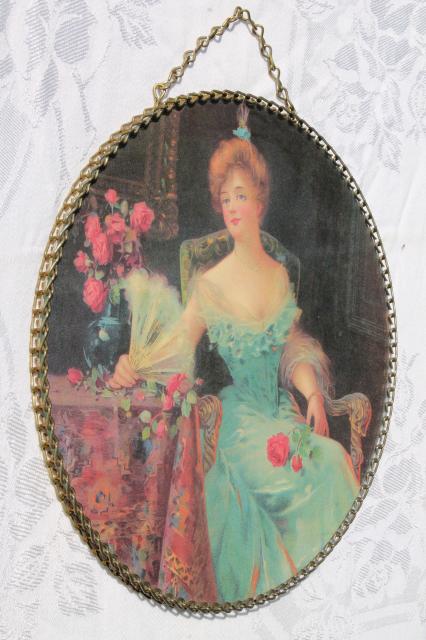 vintage chain frame round picture, wall hanging flue cover w/ pretty lady portrait