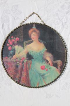 vintage chain frame round picture, wall hanging flue cover w/ pretty lady portrait